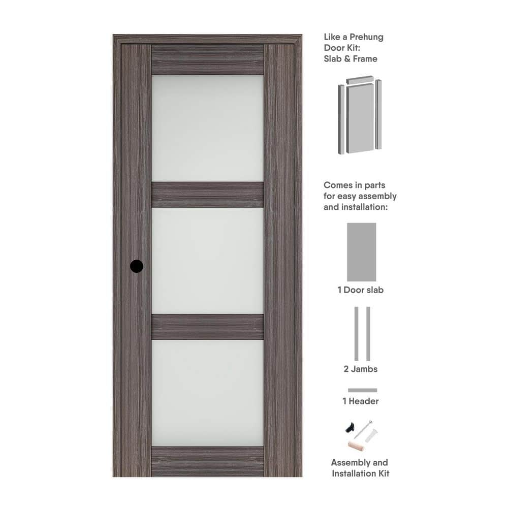 Paola 28 in. x 96 in. Right-Hand 3-Lite Frosted Glass Gray Oak Composite Solid Core Wood Single Prehung Interior Door price history on PriceWatchPro
