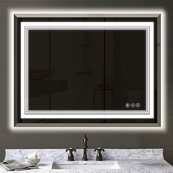 HBEZON RS 48 in. W x 36 in. H Rectangular Beveled Edge 3 Colors Dimmable LED Anti-Fog Memory Wall Mount Bathroom Vanity Mirror