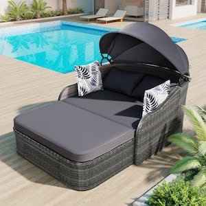 Grey Wicker Outdoor Day Bed with Adjustable Canopy and Gray Cushion