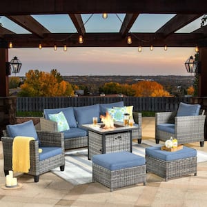 Saturn Gray 6-Piece Wicker Outdoor Patio Fire Pit Seating Sofa Set with Denim Blue Cushions