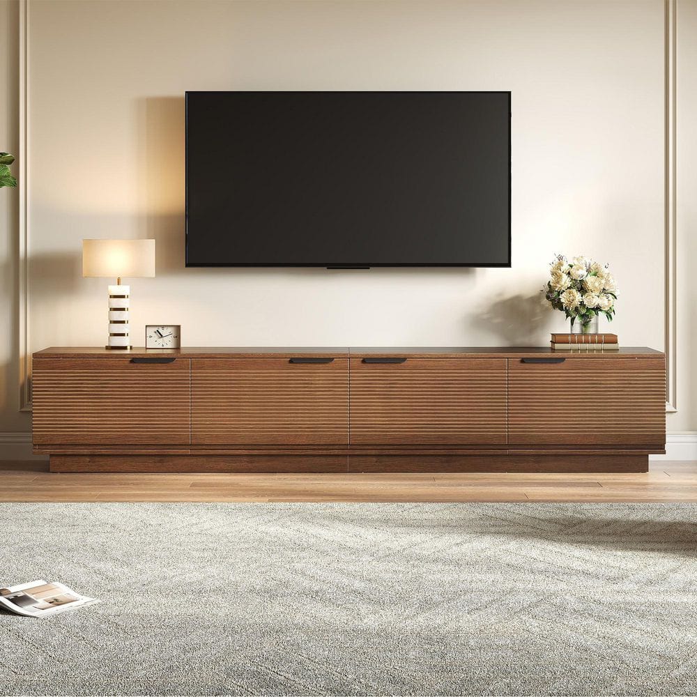 Walnut TV Stand Fits TV's Up to 85 with Fluted Door and Cable Management, Soft-Closing Hinges