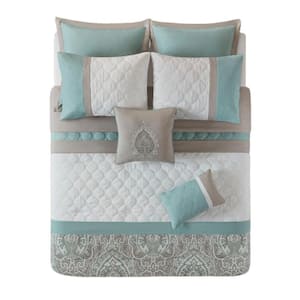 Seafoam Quilted Comforter Set Damask Print Queen Size Polyester Comforter Shams Bedskirt Euro Shams Pillow Case