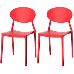 Modern Plastic Outdoor Dining Chair with Open Oval Back Design in Red (Set of 2)