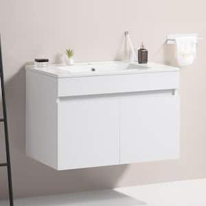 36 in. W x 18.3 in. D x 19.7 in. H Single Sink Floating Solid Wood Bath Vanity in White with White Ceramic Top