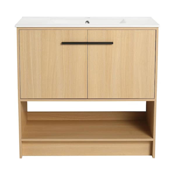 35.88 in. W x 18.31 in. D x 35.38 in. H Freestanding Bath Vanity in Light Oak with White Ceramic Vanity Top