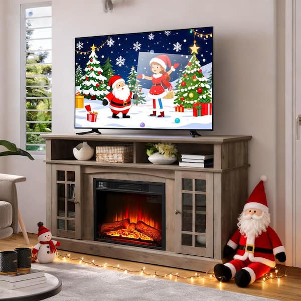58 in. Classic Electric Fireplace TV Stand with Glass Doors and Adjustable Shelves in Gray Wash
