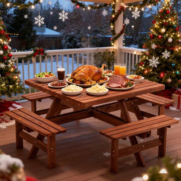 74 in. 8-Person Brown Square Wood Picnic Table Set with Umbrella