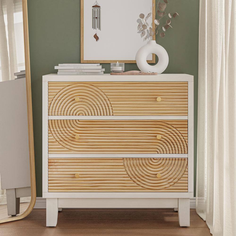 White 3-Drawer Farmhouse Dresser with Handicraft Wood Ring Motif