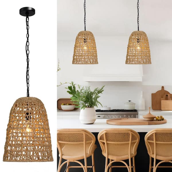 Bohemian 60 W 1-Light Brown and Black Island Pendant Light with Handwoven Natural Rattan Shade, Rustic Ceiling Light