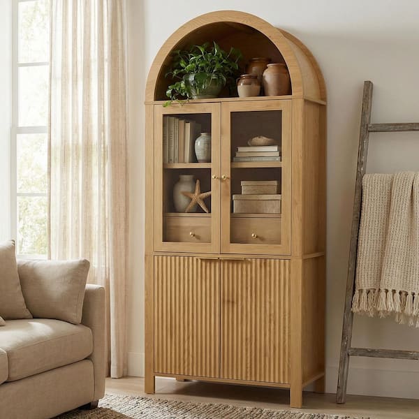 Mario Oak 70.8 in. Fluted Tall Arched Accent Pantry Cabinet with Glass Doors, Adjustable Shelves and Hidden Drawer