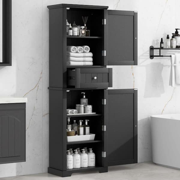 XUJMK 22 in. W x 11 in. D x 67 in. H Black Linen Cabinet, Tall Bathroom Storage Cabinet, Freestanding Bathroom Storage Cabinet