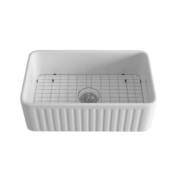 EPOWP White Ceramic 30 in. Single Bowl Corner Farmhouse Apron Workstation Kitchen Sink with Bottom Grid