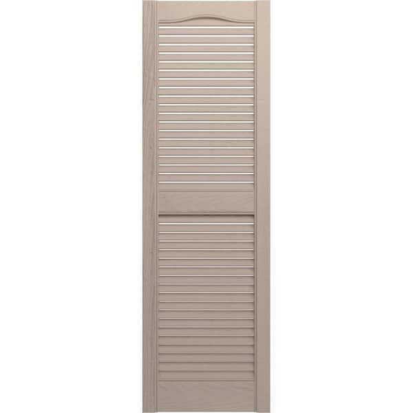 Ekena Millwork 14-1/2 in. x 60 in. Lifetime Vinyl Standard Cathedral Top Center Mullion Open Louvered Shutters Pair Wicker