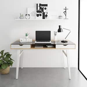 51 in. Rectangular Walnut/White 2 Drawer Computer Desk with Built-In Storage