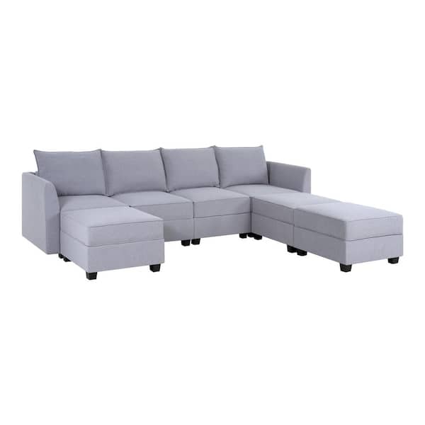 112.8 in. Armless 4-piece Linen Upholstered L-Shaped Sectional Sofa in. Gray with 3 Ottomans