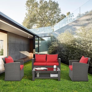 4-Pieces Outdoor Patio Furniture Set PE Rattan Wicker with Red Cushions