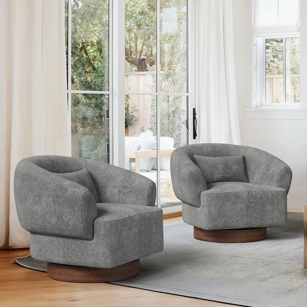 Gek 32 in. Gray Chenille Upholstered Barrel Chair 360°Swivel Accent Chair Barrel Chair with Wood Base Set of 2