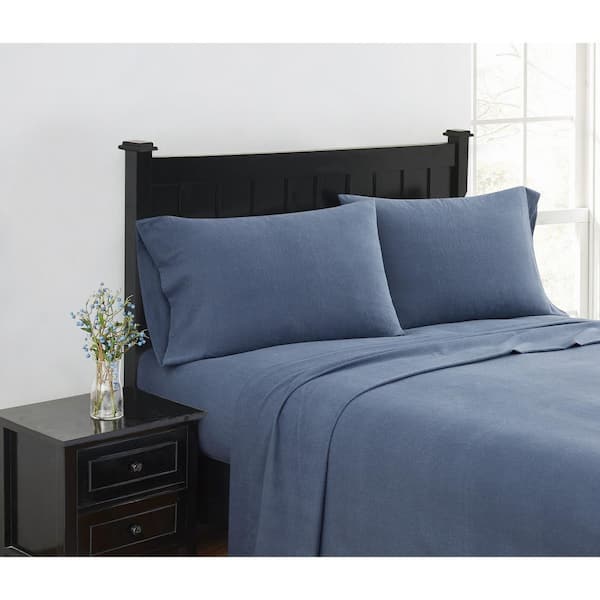 London Fog 4-Piece Blue Solid Cotton Flannel Full Sheet Set