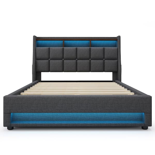 Gray Wood Frame Full Linen Platform Bed with LED Lights, Hydraulic Storage, USB Charging, Storage Headboard, Pockets