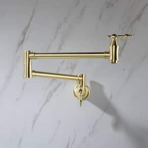 Wall Mounted Pot Filler Folding Kitchen Faucet Brass Swing Arm Articulating Commercial Double Handle Tap in Brushed Gold