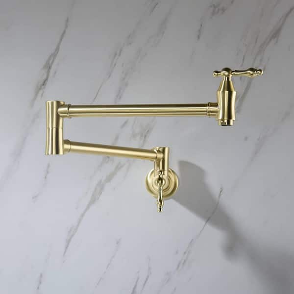 FLG Wall Mounted Pot Filler Folding Kitchen Faucet Brass Swing Arm Articulating Commercial Double Handle Tap in Brushed Gold