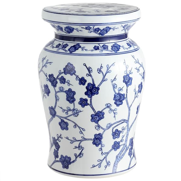 Cherry Blossom 17.7 in. White/Blue Ceramic Garden Stool