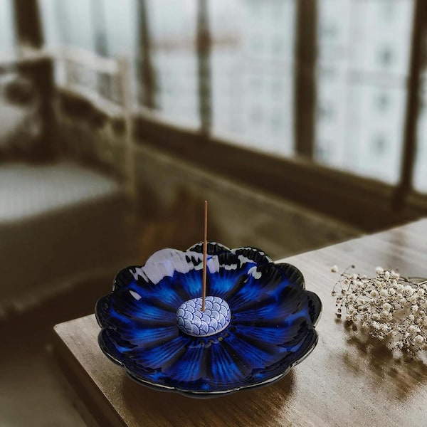Afoxsos Blue Ceramic Incense Holder with 3-Piece Ash Catcher Set