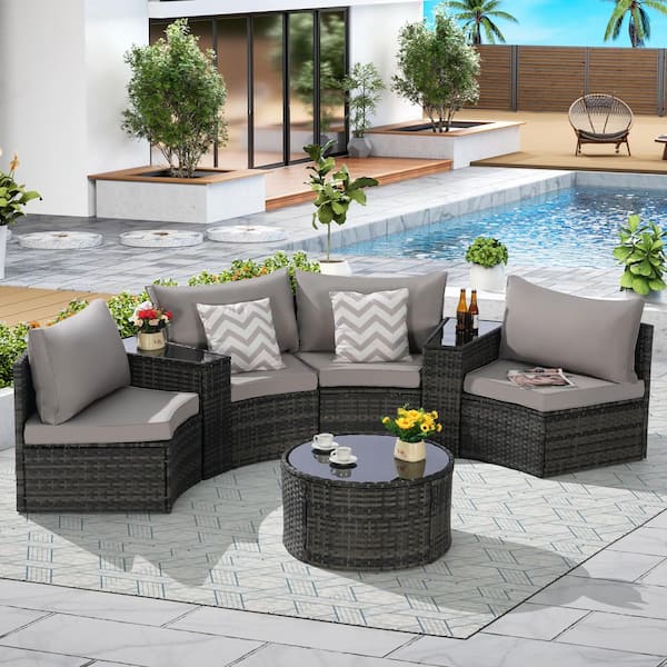 7-Piece Half-Moon Metal Round Patio Conversation Set Sofa with Light Gray Cushions and Tempered Glass Round Coffee Table