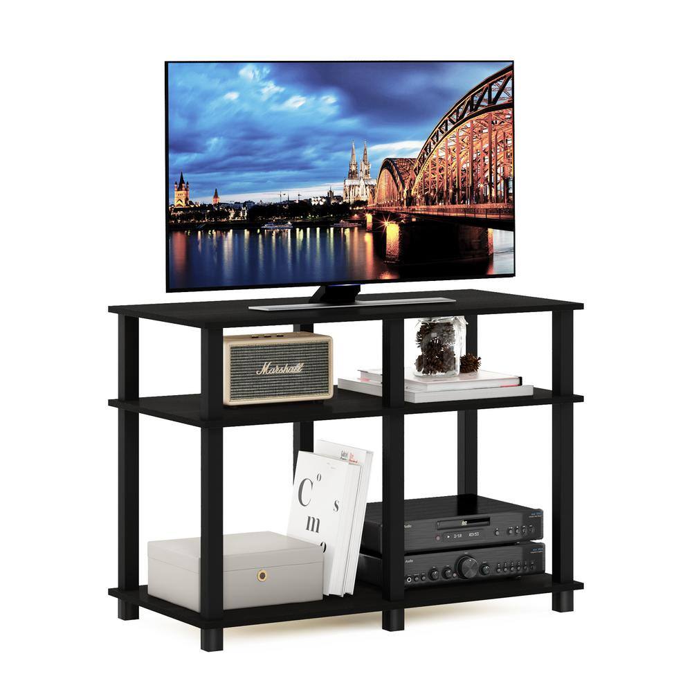 Espresso and Black Composite Wood TV Stand with Open Shelves