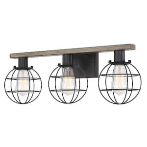 Nash 24 in. 60-Watt 3-Light Textured Black with Reclaimed Oak Wood Style Farmhouse Vanity Light with Orb Cage Shade