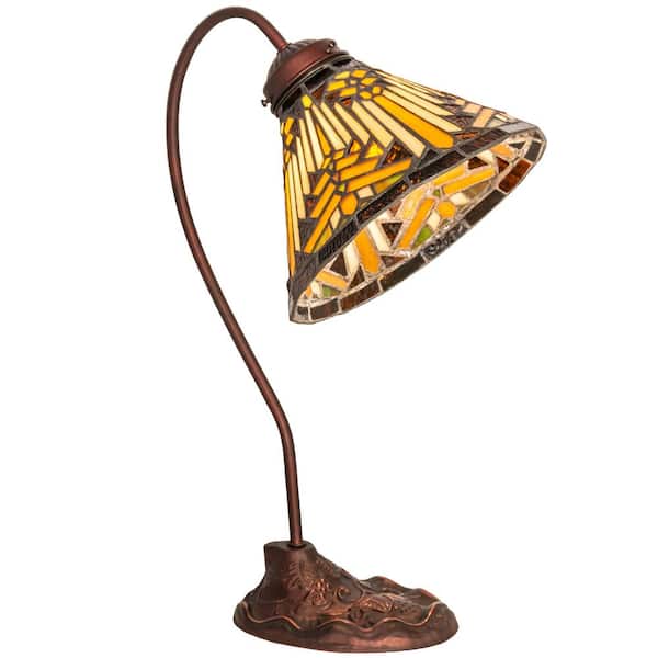 Nuevo 18 in. Mahogany Bronze Armed Dimmable Rustic Desk Lamp with Stained Glass Shade