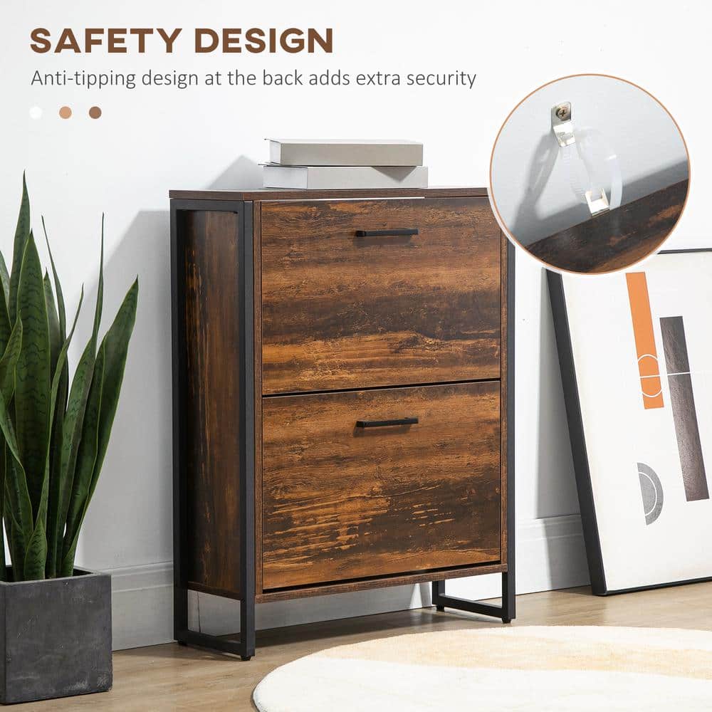 Rustic Brown Wood and Metal Slim Shoe Cabinet with 2 Flip Doors