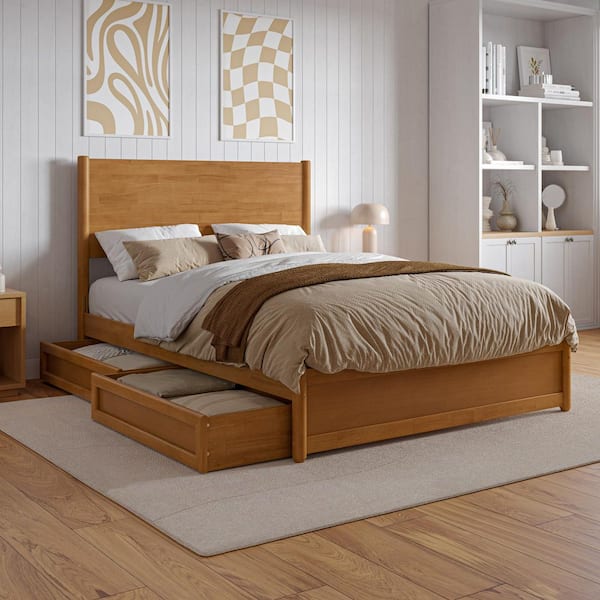 Ronan Light Toffee Natural Bronze Wood Frame Full Platform Bed with Footboard and Storage Drawers