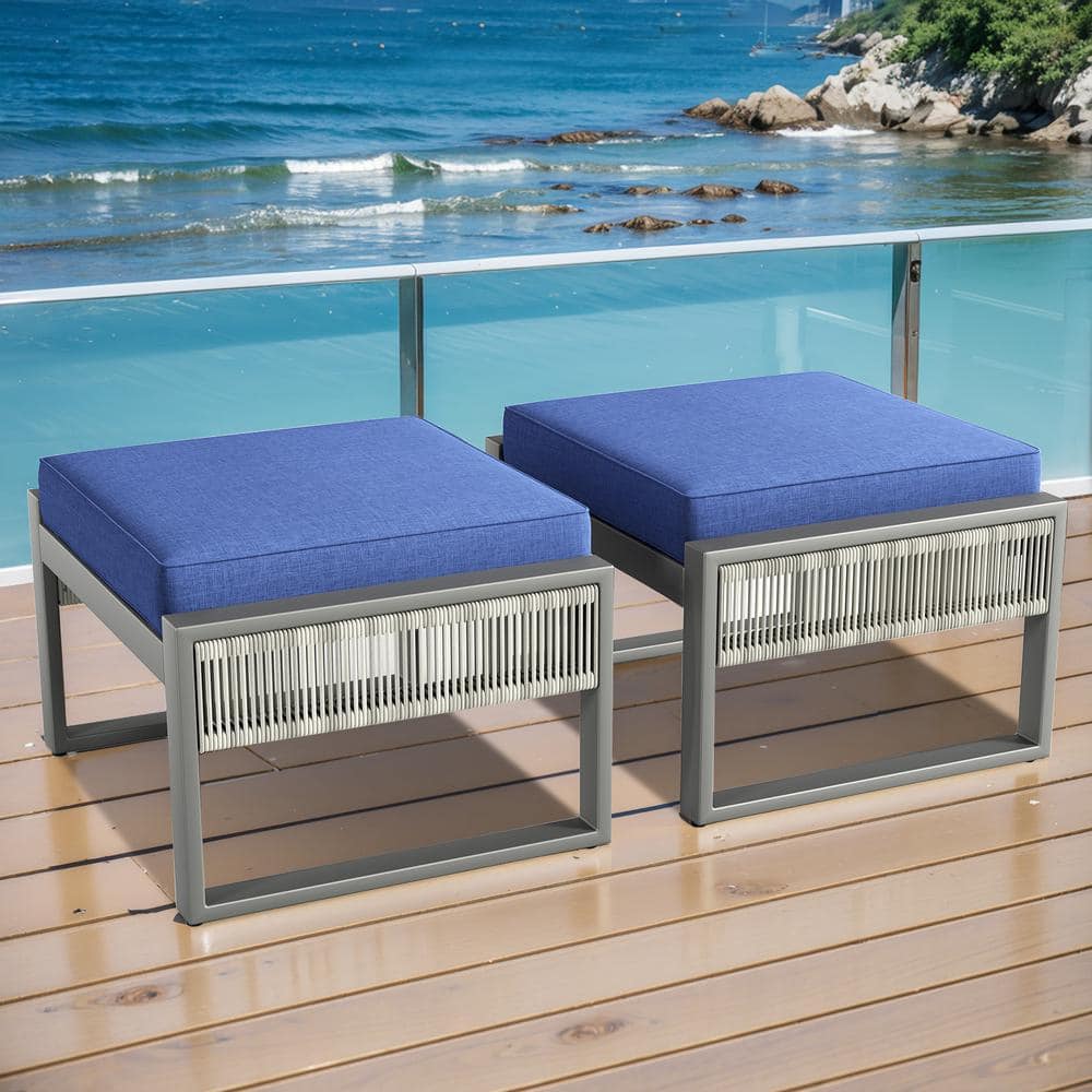Square Tube Series Gray Wicker Outdoor Patio Ottoman with Blue Cushions (2-pack)
