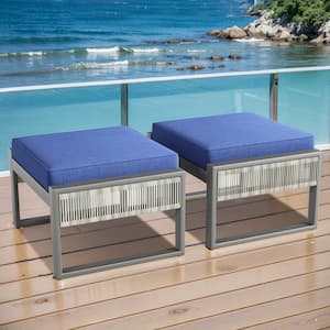 Square Tube Series Gray Wicker Outdoor Patio Ottoman with Blue Cushions (2-pack)