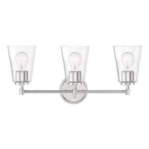 Ingo 24 in. 3-Light Polished Nickel Modern Industrial Vanity with Clear Ribbed Glass Shades