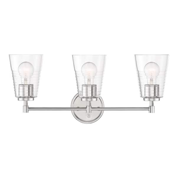 Designers Fountain Ingo 24 in. 3-Light Polished Nickel Modern Vanity Light with Clear Ribbed Glass Shades