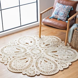 Natural Fiber Ivory 10 ft. x 10 ft. Woven Floral Round Area Rug