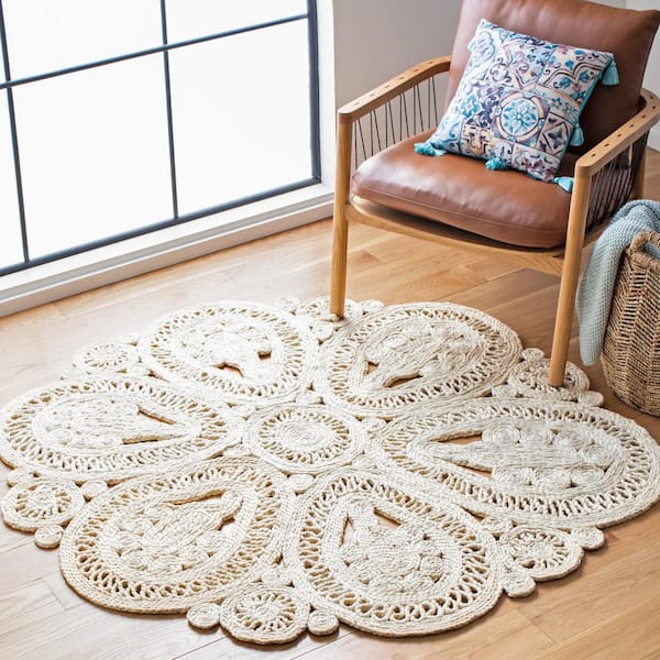 Natural Fiber Ivory 10 ft. x 10 ft. Woven Floral Round Area Rug