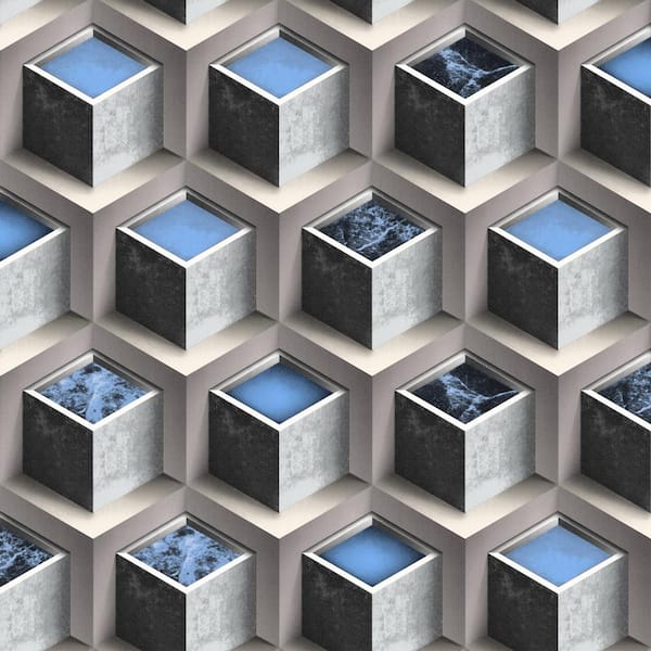 Dundee Deco Falkirk Ophia Cubes Cerulean Blue, Grey Vinyl Peelable Roll (Covers 57 sq. ft.)