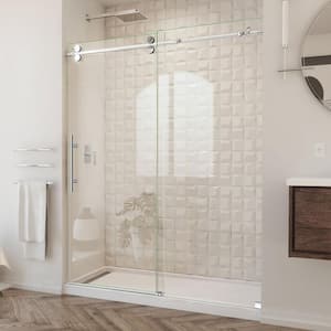 Enigma-XO 56-60 in. W x 76 in. H Fully Frameless Sliding Shower Door in Polished Stainless Steel
