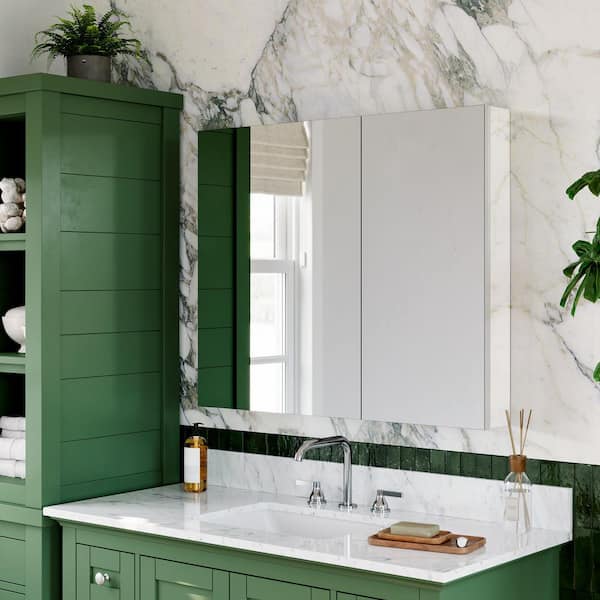 36 in. W x 30 in. H Rectangular Aluminum Recessed/Surface Mount Frameless Medicine Cabinet with Mirror and Blum Hinges