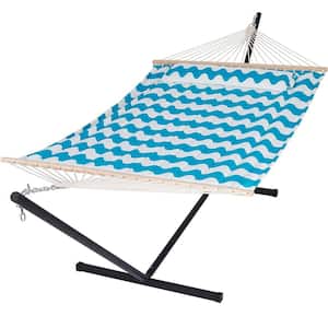 12 ft Free Standing, 475 lbs Capacity, 2 Person Hammock with stand and Detachable Pillow in Light Blue Waves