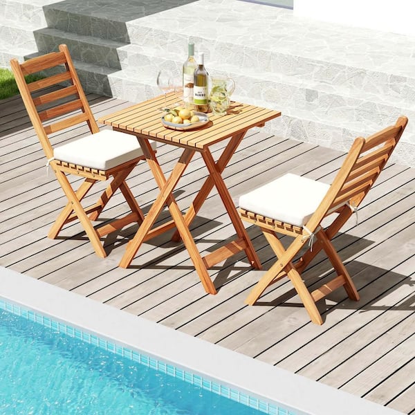 Natural 3-Piece 28.5 in. Wood Square Table Folding Outdoor Bistro Set with Removable Beige Cushions