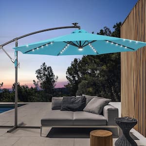 10 ft. Backyard Outdoor Patio Cantilever Umbrella with LED Lights, Round Canopy, Steel Pole and Ribs, Aquablue