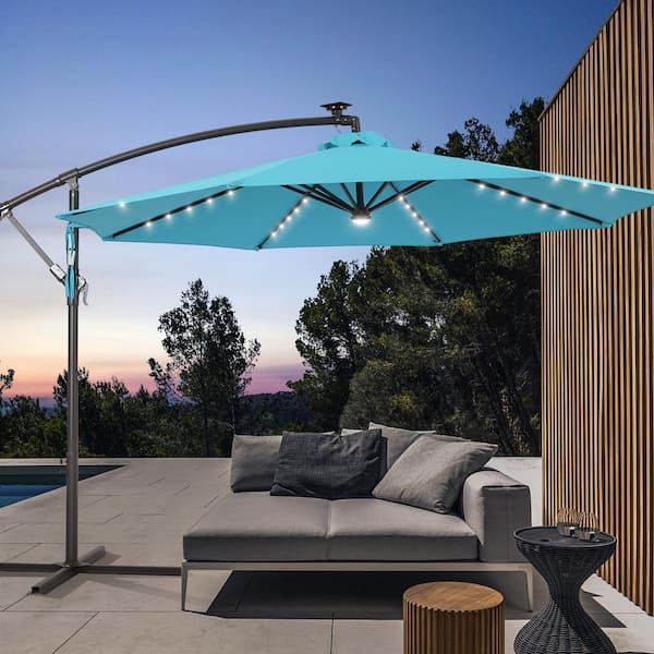 JOYESERY 10 ft. Backyard Outdoor Patio Cantilever Umbrella with LED Lights, Round Canopy, Steel Pole and Ribs, Aquablue