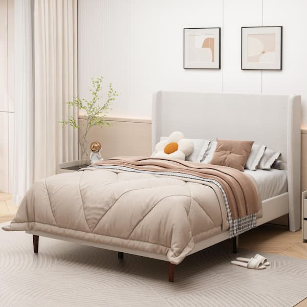 Noble House Tranlis Beige Wood Frame Queen Size Upholstered Chenille Platform Bed with High Headboard MDF Solid Wood Legs