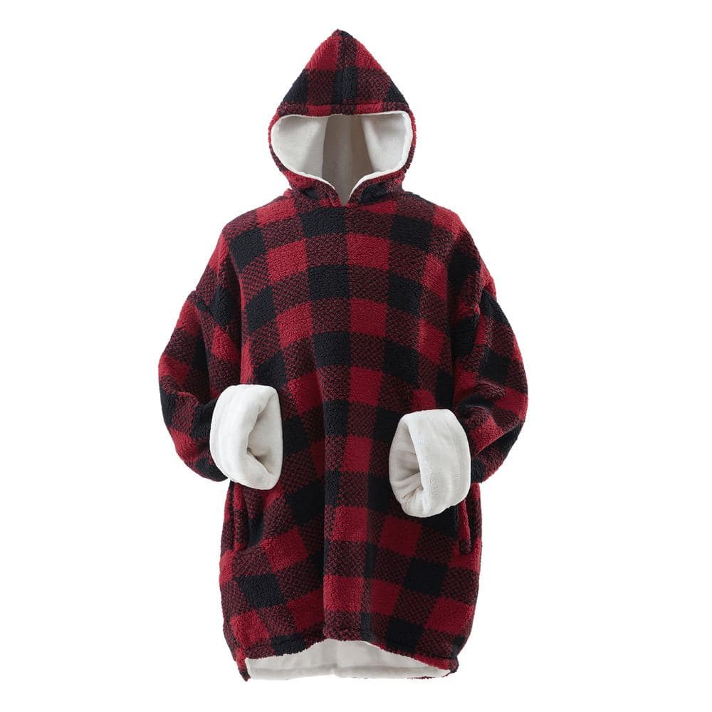 Red Check Wearable Throw Blanket Hoodie