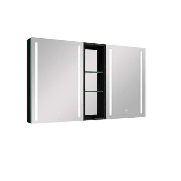 Unbranded 50 in. W x 30 in. H Black Aluminum Surface Mount Double Door Lighted Medicine Cabinet with Mirror