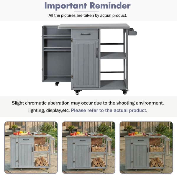 Ximuprmy Grey Steel 40.5 in. Kitchen Island with Hidden Spice